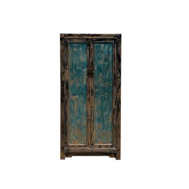 Oriental Distressed Black Teal Blue Lacquer Slim Storage Cabinet cs6116E 