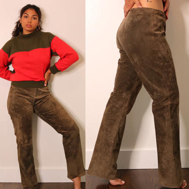 Y2K Vintage Leather Pants | Olive Green Leather Pants | Vintage Suede Leather Pants | Large Size 12 