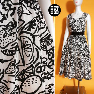 Fruity Vintage 70s 80s Black & White Fruit Novelty Print Fit and Flare Cotton Sun Dress 
