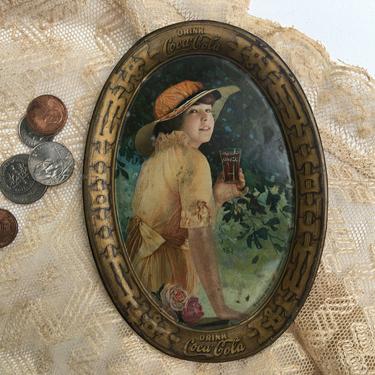 Antique Coke Tip Tray, Coca- Cola Small Tin Tray, Summer Scene, Girl with Hat, Roses, Passaic New Jersey, Passaic Metal Ware 