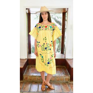 Sol Dress // vintage sun Mexican hand embroidered floral 70s boho hippie cotton hippy yellow midi // O/S 