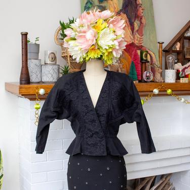 Vintage 1980s Black Lace Peplum Top - Dolman Sleeve Cotton Lightweight Jacket - XS 