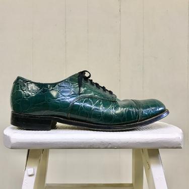 Vintage Stacy Adams Shoes, Madison Green Cap Toe Stamped Leather Oxfords, Emerald Faux Crocodile Lace Ups, Men's Size 9D US 