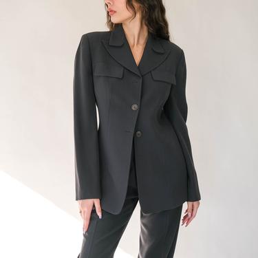 Vintage 1980s Giorgio Armani Charcoal Gray Gabardine Broad Shoulder Pant Suit | Made in Italy | 1980s Armani Designer High Waisted Pant Suit 