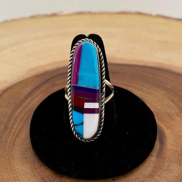 RING AROUND Multi Inlay Silver Ring | Turquoise, Lapis &amp; Coral Inlay Ring | Native American Style Jewelry, Southwestern | Size 8 