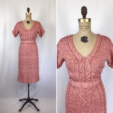 Vintage 40s dress | Vintage dusty rose pink ribbon knit dress | 1940s knit sweater dress 