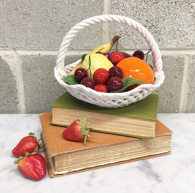 Vintage 1950s Bassano Italy Faux Fruit Woven Basket Ceramic Bowl