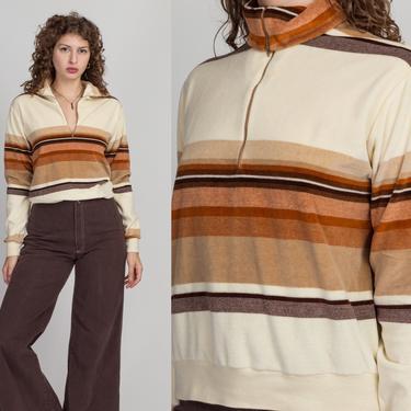 70s Velour Striped Quarter Zip Sweatshirt - Men's Medium | Vintage Beige Brown Sportswear Track Jacket 