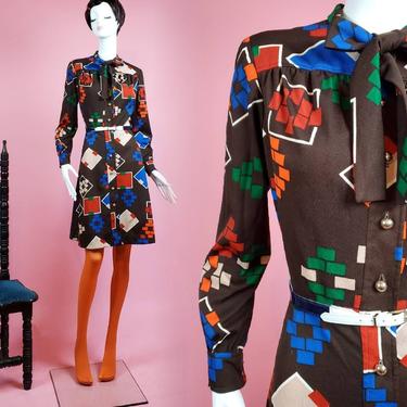 Deadstock 70s geometric dress. Unique colorful mod. By Sherbet Originals. (Size M) 