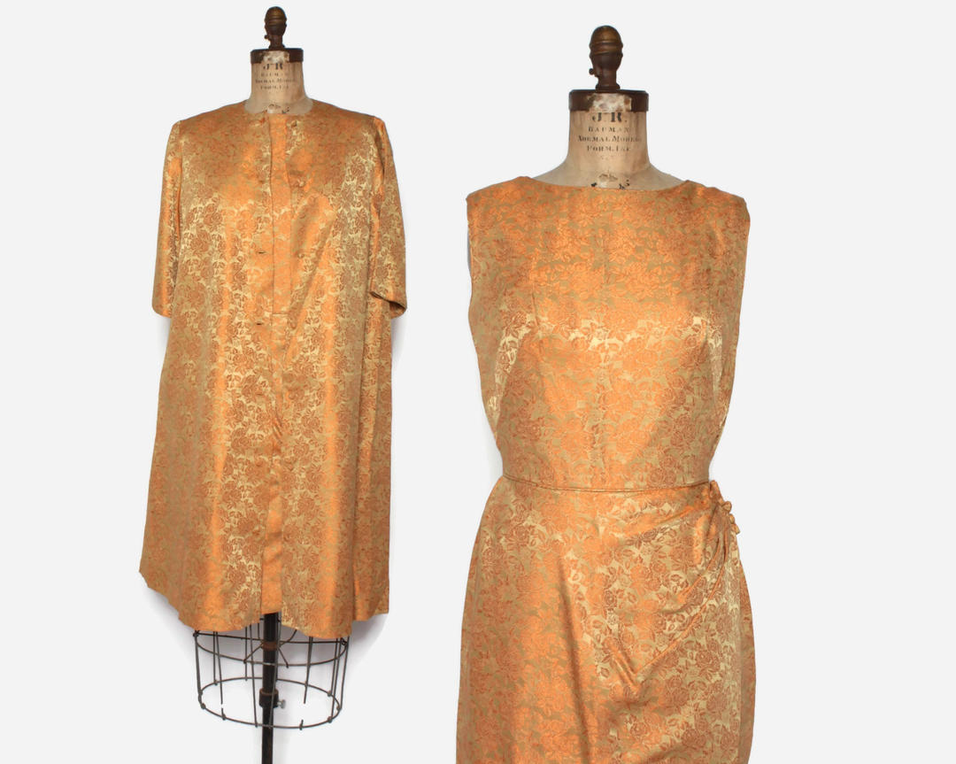 Vintage 60s Cocktail Dress Set / 1960s Orange Brocade Fitted Dress