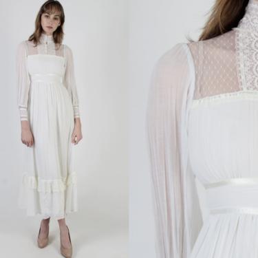 Vintage 70s Victorian Gunne Sax Dress / Romantic Bohemian Wedding Gown / White Gauze Floral Lace / Simple Rustic Old Fashion Dress Size 3 