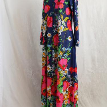Vintage 70's Blue Floral Robe Travel-Lite by  Boutique Loungewear 