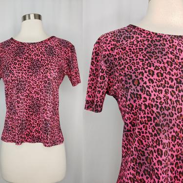Vintage 2000 Y2K Pink Leopard Print Crinkle Top - Petite Small Short Sleeve Pleated Shirt 