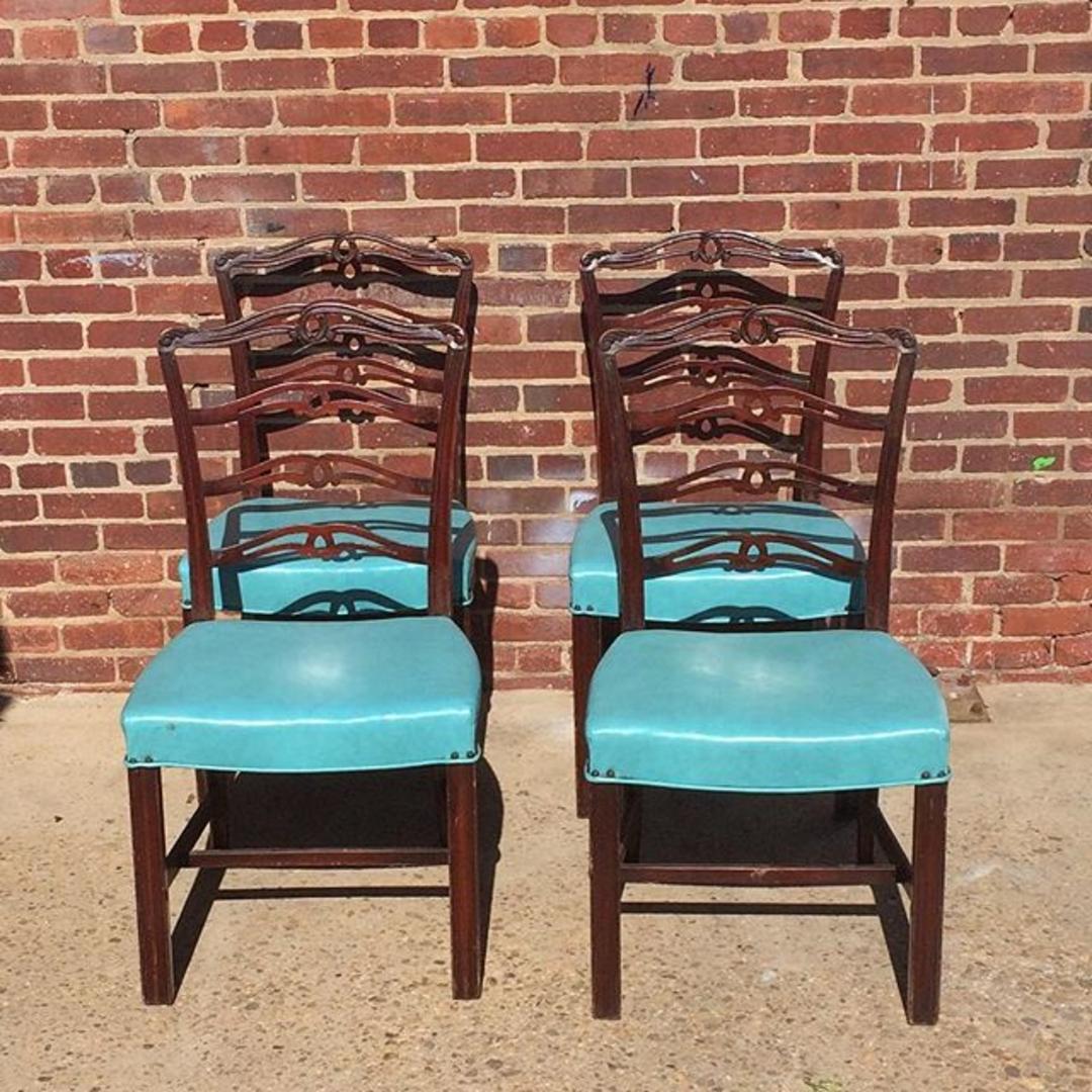 Aqua vinyl covered vintage dining chairs Off the Beaten Track