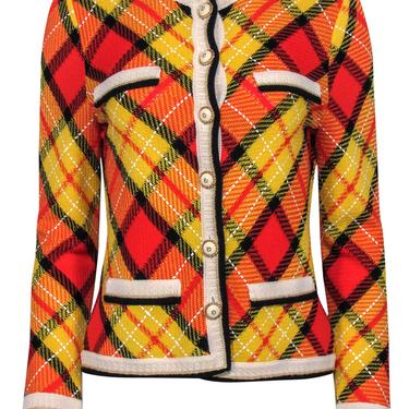 St. John Collection – Yellow &amp; Orange Plaid Knit Jacket w/ Decorative Buttons Sz 4