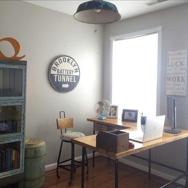 Recycled Wood Corner Desk or L Desk with steel pipe legs in L shaped in your choice of size, height and finish 