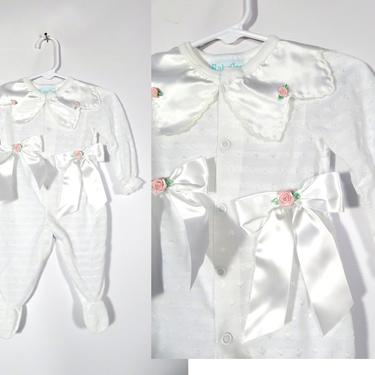 Vintage 80s Baby Girls Satin Petal Collar And Bows Onesie Made In USA Size M 0-3M 
