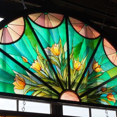 Green Arched Stained Glass w Orange Tulips