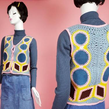 1960s handknit & suede vest. Playful mod colors. (Size S) 