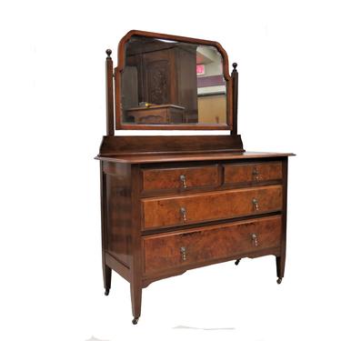 Small Chest Of Drawers | Vintage English Burled Mahogany 4 Drawer Dresser With Beveled Mirror 