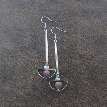 Silver pendulum earrings, druzy agate, mid century modern Brutalist earrings, geometric rainbow earrings, unique statement simple elegant 