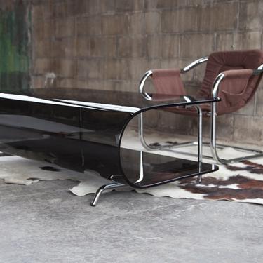 STUNNING Post Modern Smoked glass and bent Chrome Milo Baughman style coffee cocktail table MCM Designer 