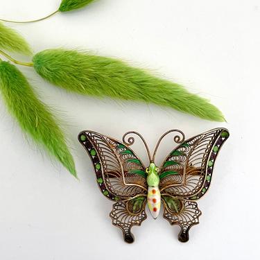BUTTERFLY EFFECT Vintage 30s / 40s Chinese Filigree Enamel Brooch | 1930s 1940s Asian Gold Plated Silver Enameled Insect Pin | Made in China 