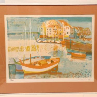 Vintage Signed Georges Lambert Stone Lithograph Coastal Seascape Docked Boats 27x22 