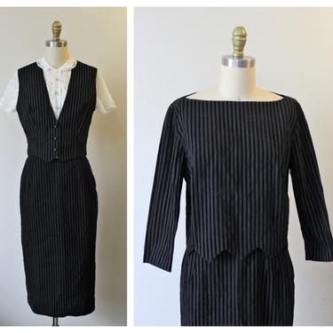Vintage 1950s 60s Deadstock 3 piece Striped Velvet Pencil Skirt Vest mod shirt wiggle pencil Dress Set JOY STEVENS  // Modern US 0 2 4 xs 