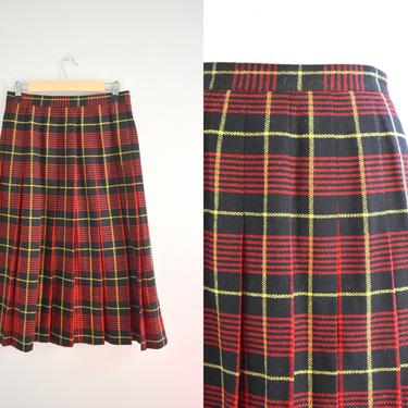 1980s Red and Black Plaid Wool Blend Midi Skirt 