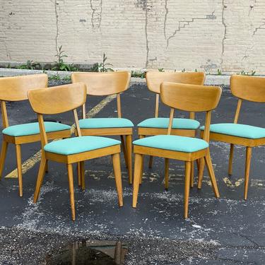 Set of Six Reupholstered Vintage Heywood Wakefield Dog Biscuit Dining Chairs - Mid Century Modern Birch Wood Dining Side Chairs 