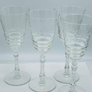 Vintage Set of (4)  Rock Sharpe  Libbey Etched Wine Glasses-Floral Rib band Design Mid Century Marshfield Pattern- 8 ounce 