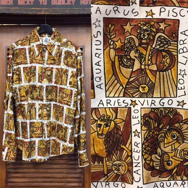 Vintage 1970’s “Kennington” Label Astrology Print Pop Art Shirt, Disco Shirt, Rising Sign, Form Fitted Shirt, Vintage Clothing 