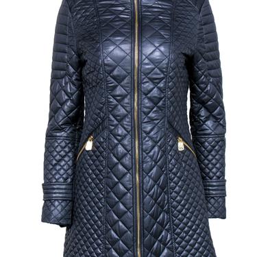 Via Spiga Navy Quilted Longline Coat w Gold Toned Hardware Current Boutique DMV Bethesda Clarendon DC Old Town