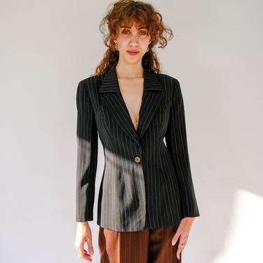 Vintage 90s Giorgio Armani Black Pinstripe Silk Blend Gabardine Single Button Blazer | Made in Italy | 1990s Armani Designer Womens Jacket 