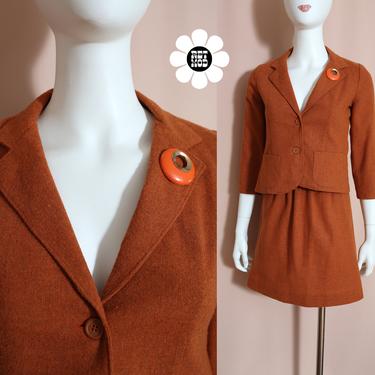 Adorable Vintage 60s Butterscotch Burnt Sienna Colored Tweed Two-Piece Wool Skirt Set 