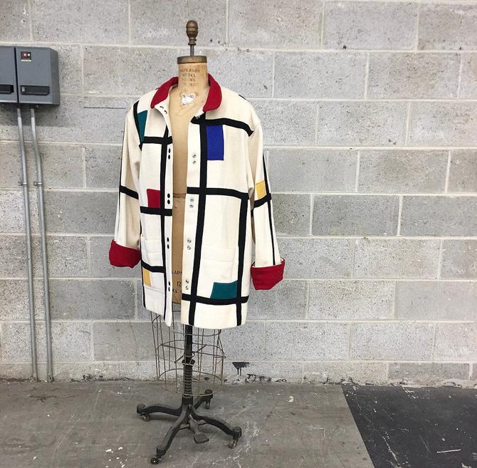 Vintage Coat offers Retro 1960s Herman Kay + Wool Blend + Abstract + Mondrian Style + Mod + Statement + Multi Color + Fashion + Apparel