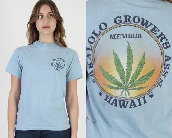 Vtg 80s Hawaii Pakalolo T-Shirt L Double Sided Cannabis selling Weed Marijuana Surf Tee