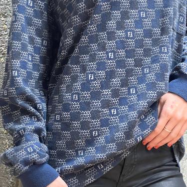 Vintage FENDI FF Monogram Logo Blue Knit UNISEX Sweater Jumper Shirt Blouse Top It 52 