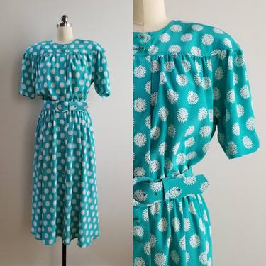 1980s Does 1940s Teal Dress by Leslie Faye with Matching Belt 80s Geometric Print 80's does 40's Pinup Rockabilly Dress Women's Size 10 
