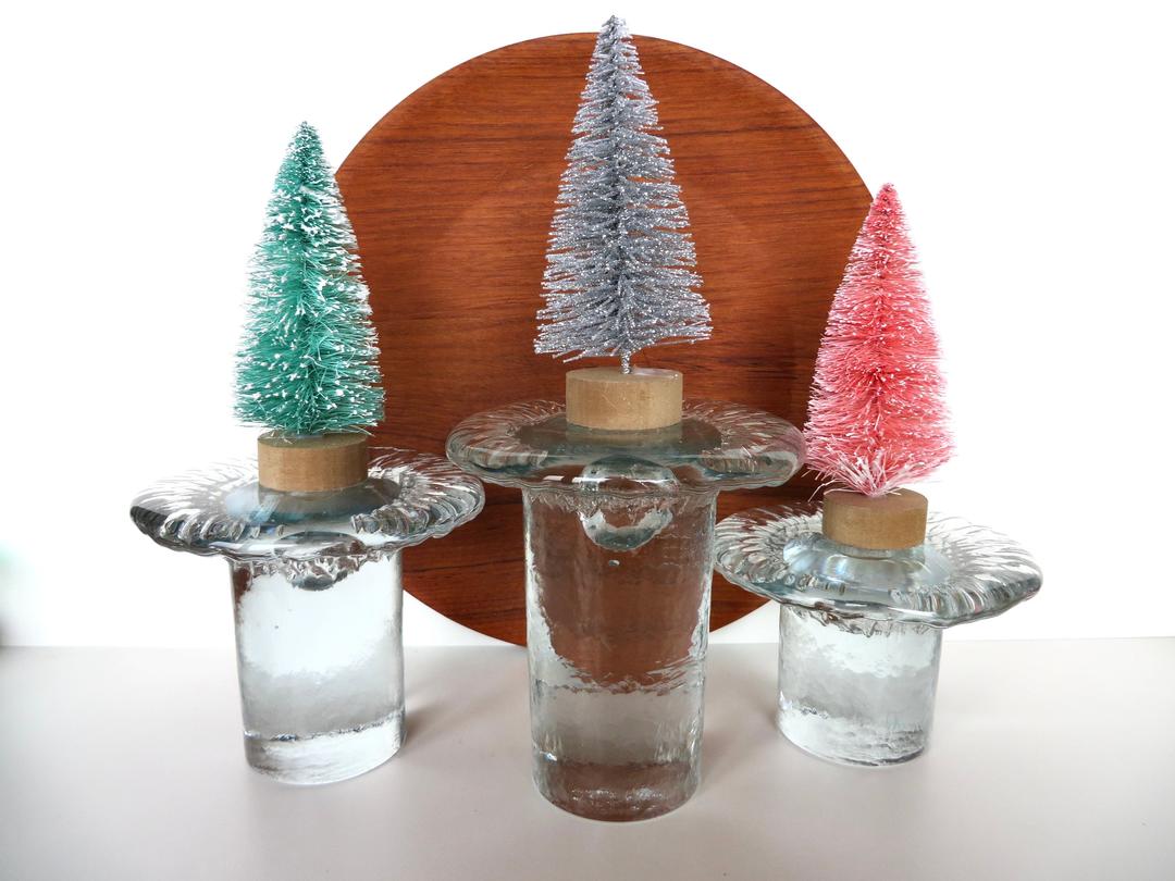 Set Of 3 Blenko Ice Glass Candle Holders, Vintage Don Shepherd Her