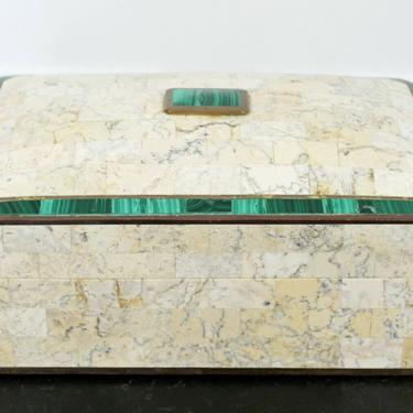 Mid Century Modern Maitland Smith Brass Tessellated Stone Lidded Box Vessel 70s 