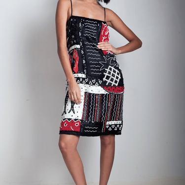 vintage 80s trophy sequined tank dress cocktail party red white black beaded fish pineapple MEDIUM M 