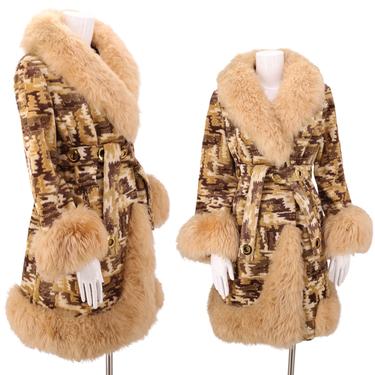 60s tapestry print fur trim coat M / vintage 1960s brocade wool fox fur