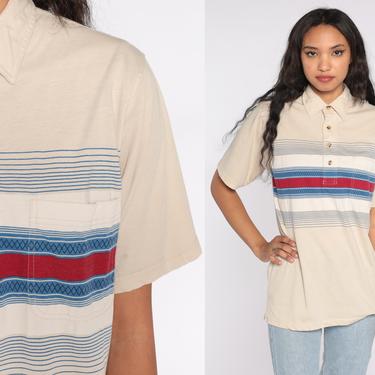 Striped Polo Shirt 80s Beige Red Blue White T Shirt 1980s Normcore Collar Vintage Half Button Up Shirt Preppy Men's Medium Med M 