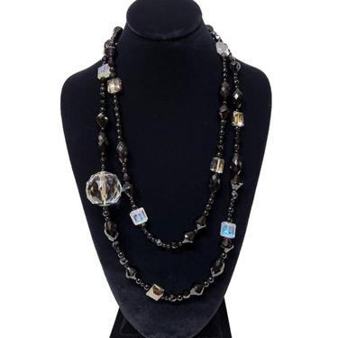 XLong Jet and Crystal and Smoky Topaz Beaded Necklace 52 inch 