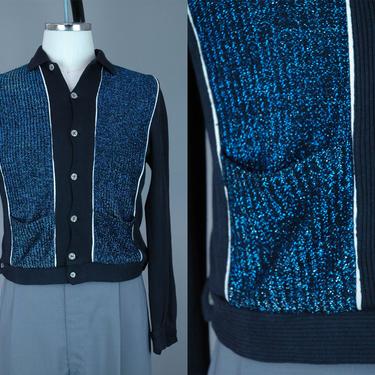1950s Lurex Panel Button Up Shirt | Vintage 50s 60s Black & Blue Long Sleeved Shirt with Pockets | Small / Medium 