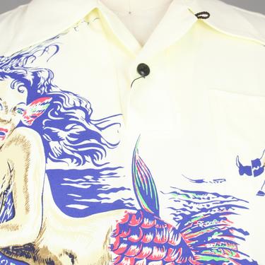 Groovin High · 1950s Style Gaucho Shirt · Vintage 40s 50s Inspired Long Sleeved Shirt with Silk Screened Mermaid Print · Large 