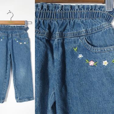 Vintage 90s Girls Jeans With Embroidered Flower Detail And Elastic Waist Size 3T 