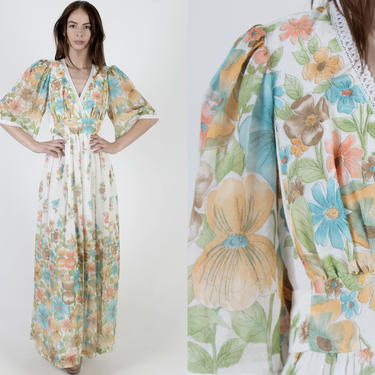 Vintage 70s Garden Floral Dress Angel Bell Sleeve Lace Deep V Wrap Prairie Maxi Dress 